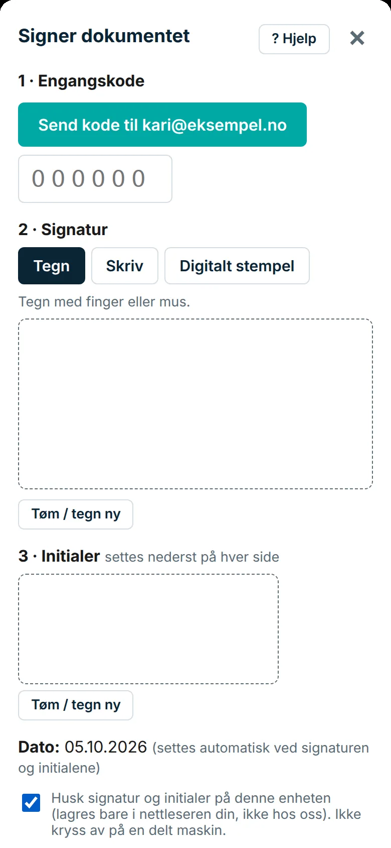 Signeringsvinduet med knappen Send kode