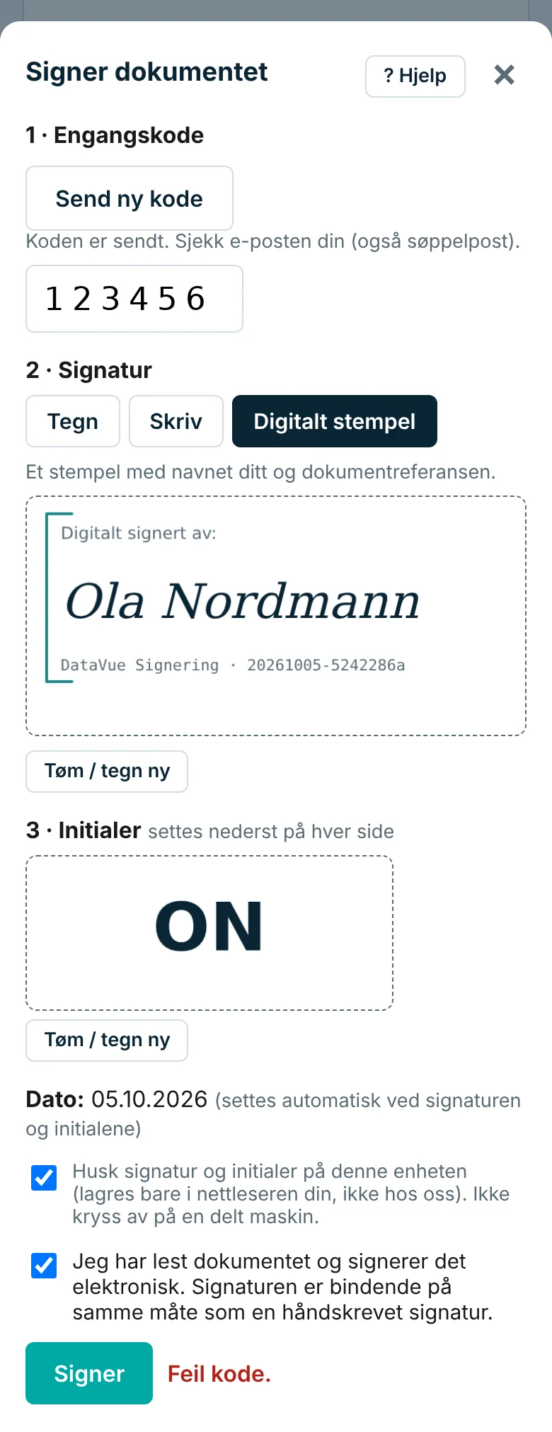 Meldingen Feil kode ved siden av Signer-knappen