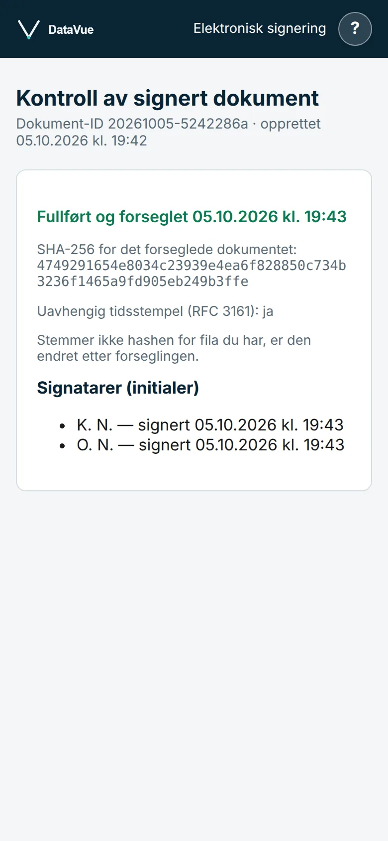 Kontrollsiden viser at dokumentet er fullført og forseglet