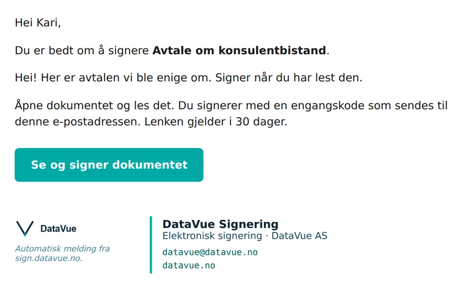 E-posten med knappen Se og signer dokumentet